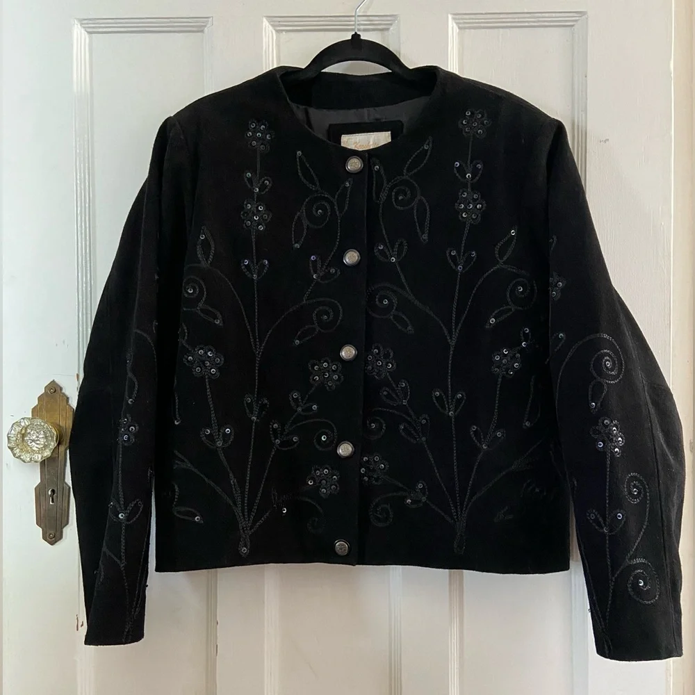 Vintage 1980s-1990s Black Suede Jacket: Floral Sequin Embroidered Bohemian Style - Picture 1 of 5